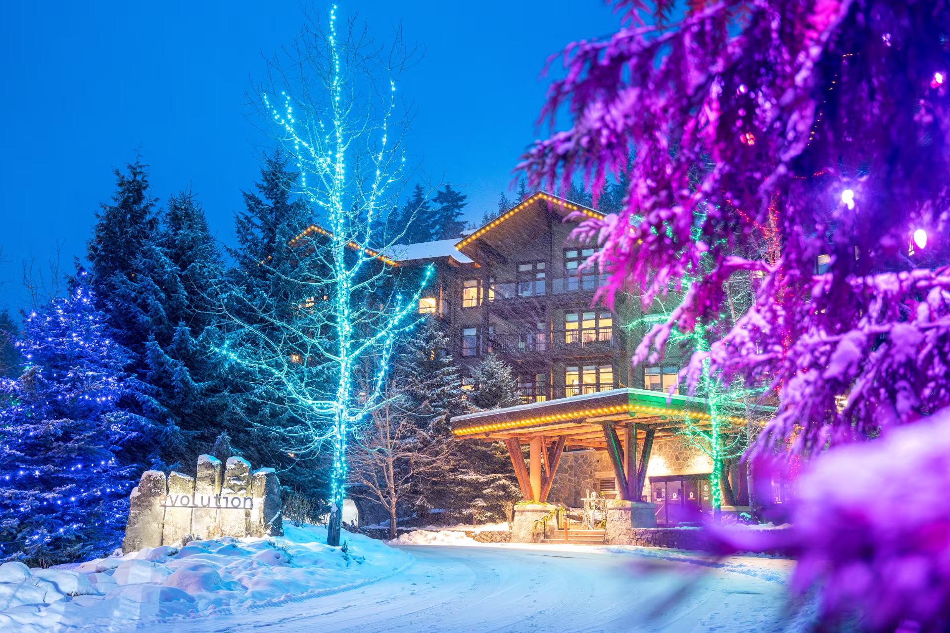 Festive Winter Lights at Evolution Whistler Creekside Hotel