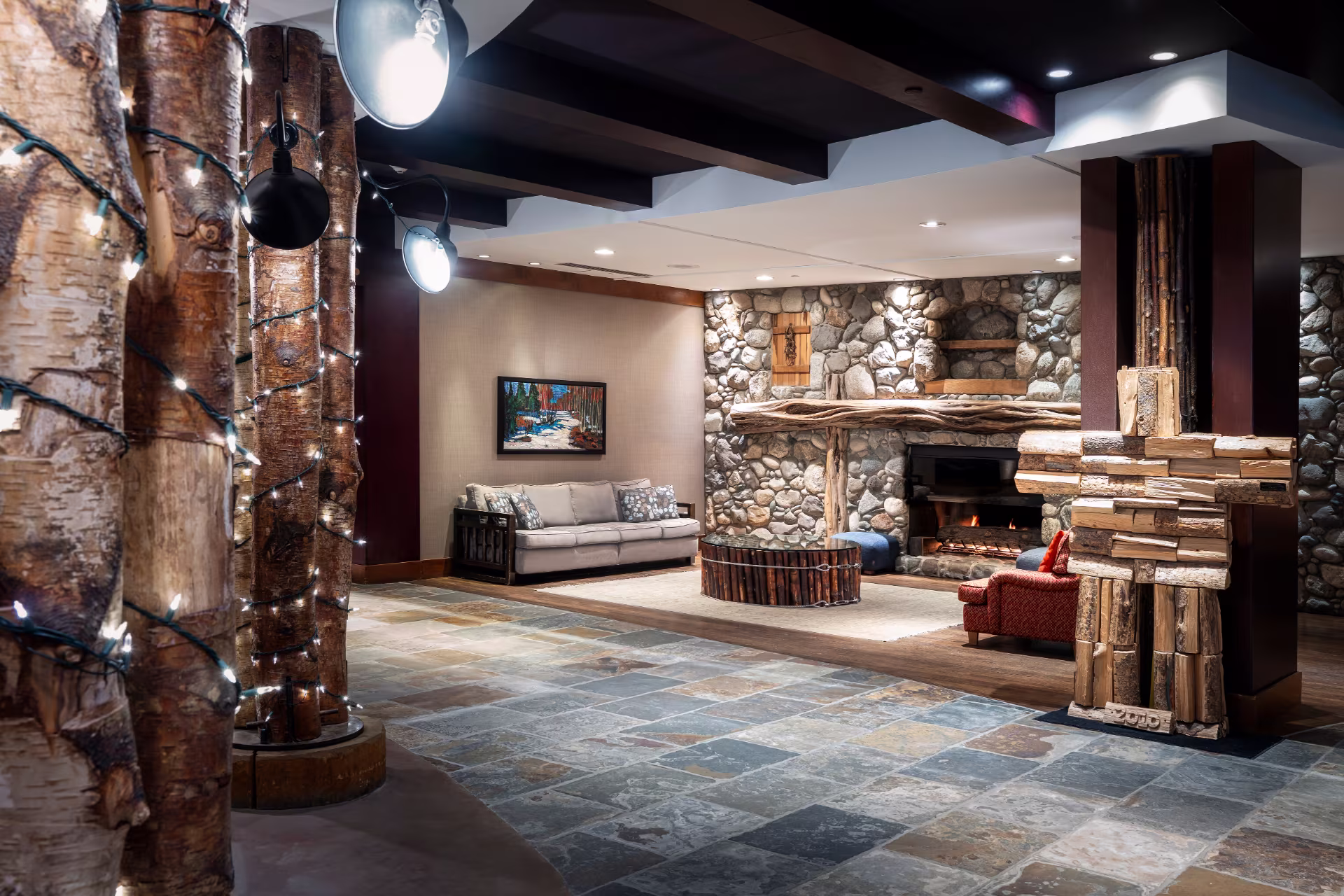 Cozy lodge lobby with rustic decor at Legends in Whistler, Creekside