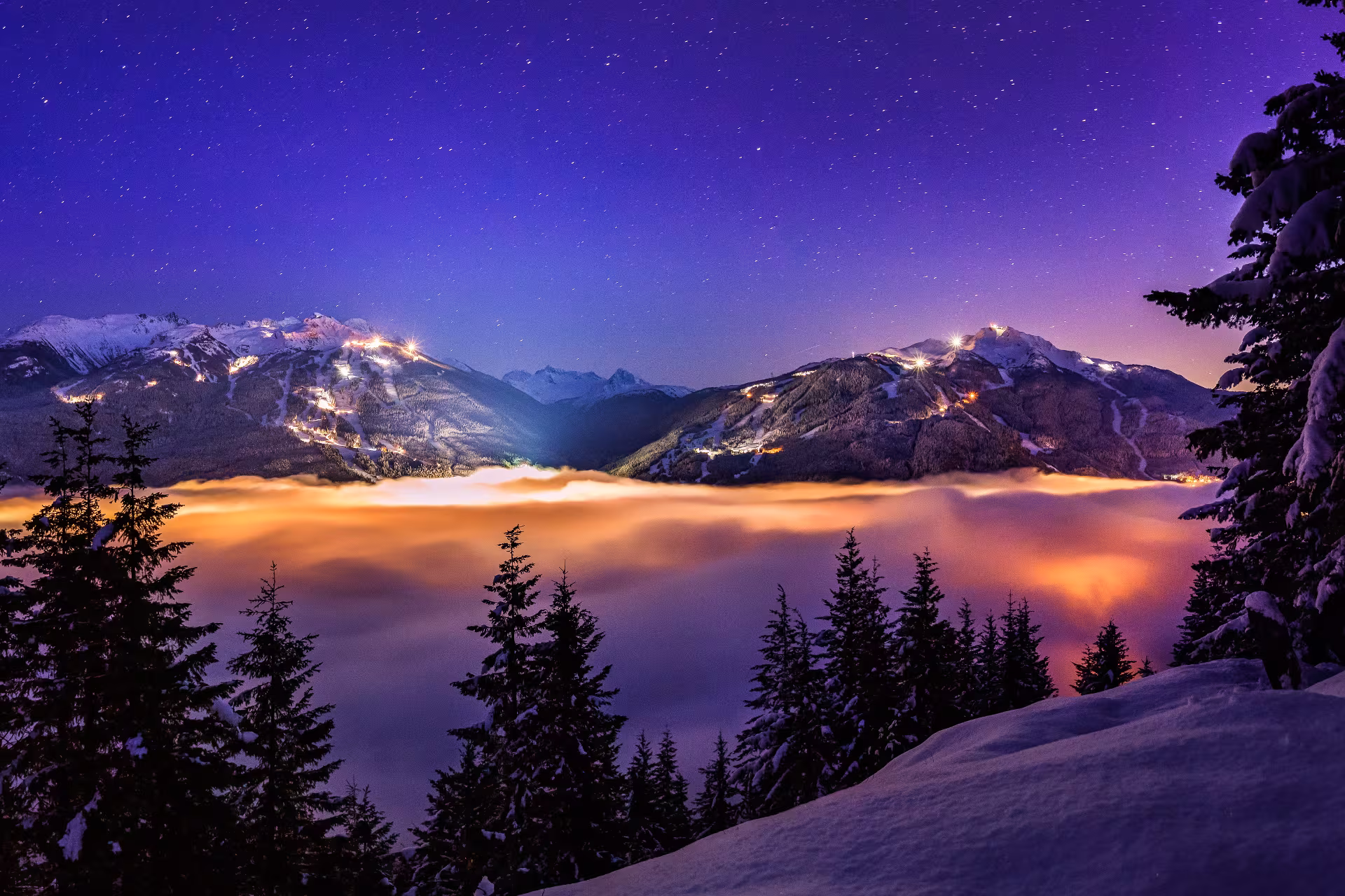 Low Lying Cloud Sparking Lights Whistler At Night